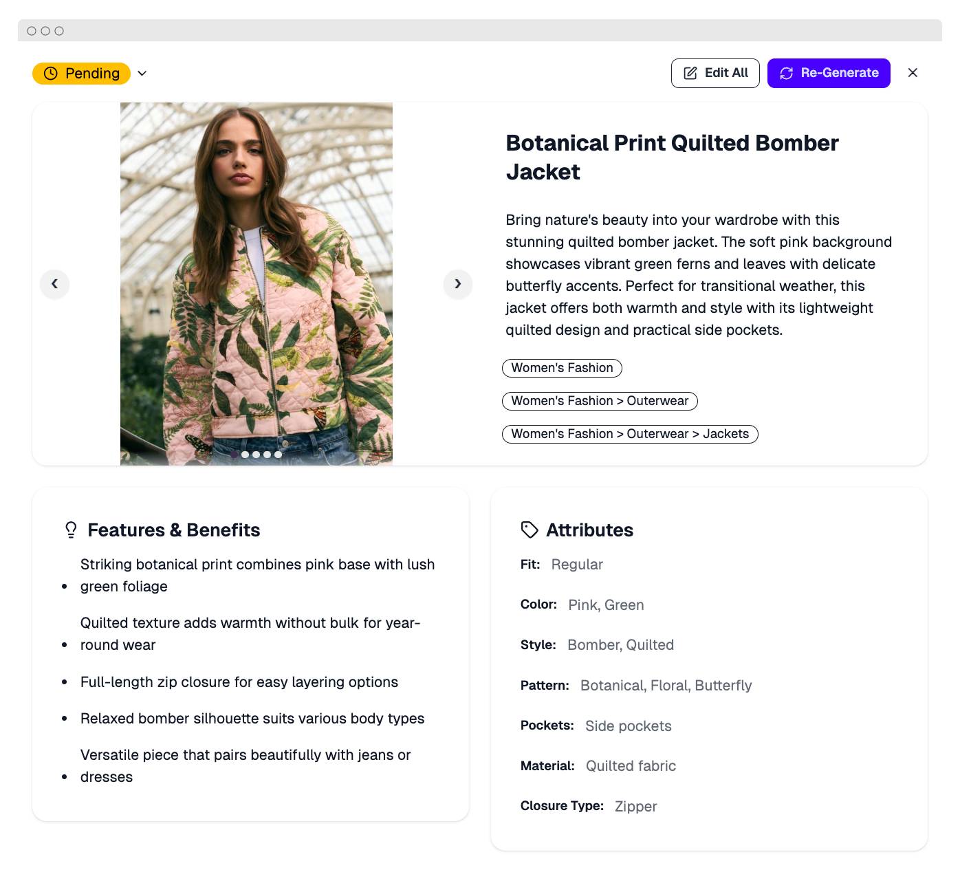 merchi.ai platform showing AI-generated product content from a product image